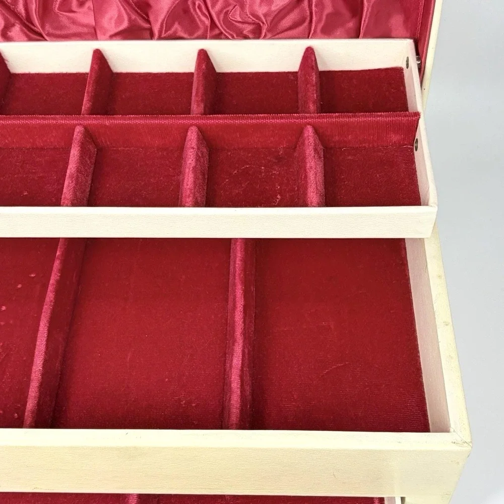 Vintage Jewelry Box Ivory Gold 3 Tier w/ Drawer Red Velvet Satin Lining 12x8